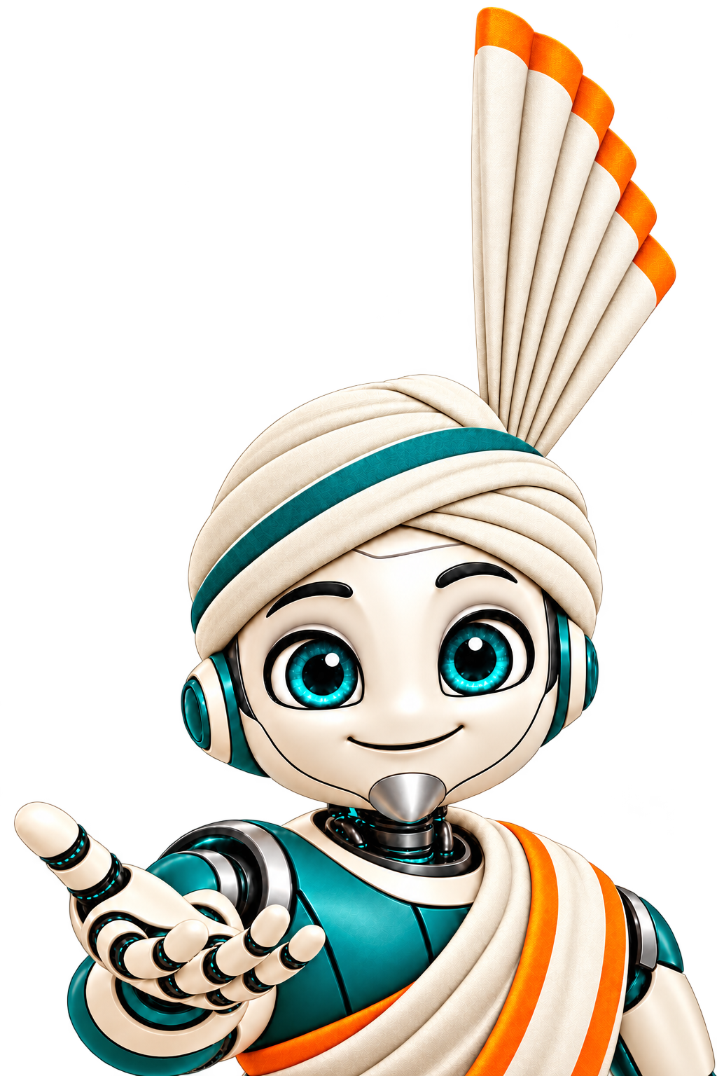 NexaGuru, a friendly teal robot wearing an Indian Coffee House-inspired tall pleated fan turban and ivory shawl